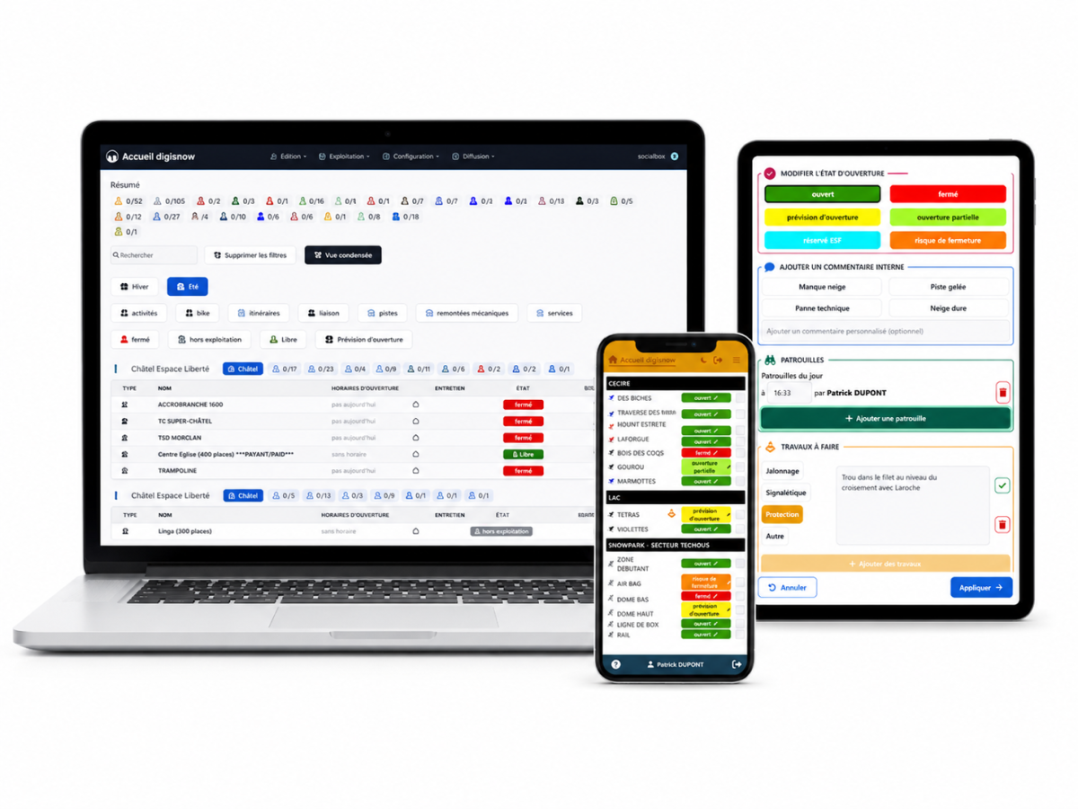 Interface globale du logiciel DigiSnow sur ordinateur, tablette et smartphone